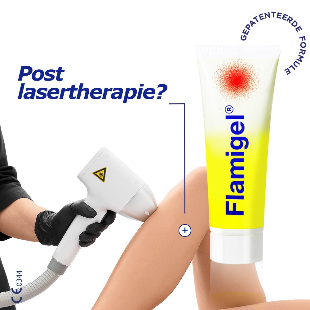 Flamigel® gel tube. Tube met gele achtergrond en rode stip. Vraag: Post lasertherapie?