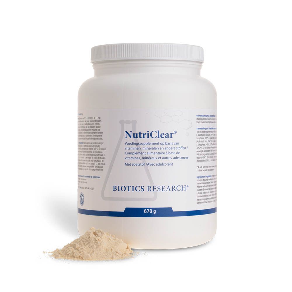 Witte pot met schroefdop. Opschrift NutriClear en Biotics Research. 670g. Poeder ernaast.