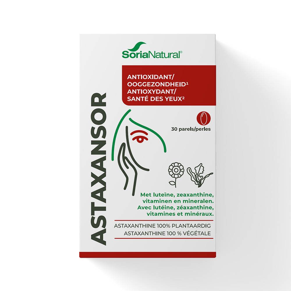 Boîte Astaxansor 30 perles, marque SoriaNatural, antioxydant pour les yeux.