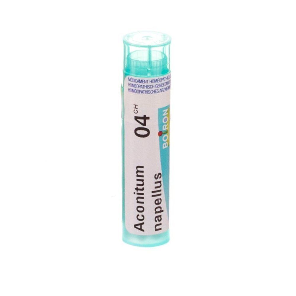 Tube en verre cylindrique turquoise. Inscription : Aconitum napellus 04 CH. Marque Boiron.