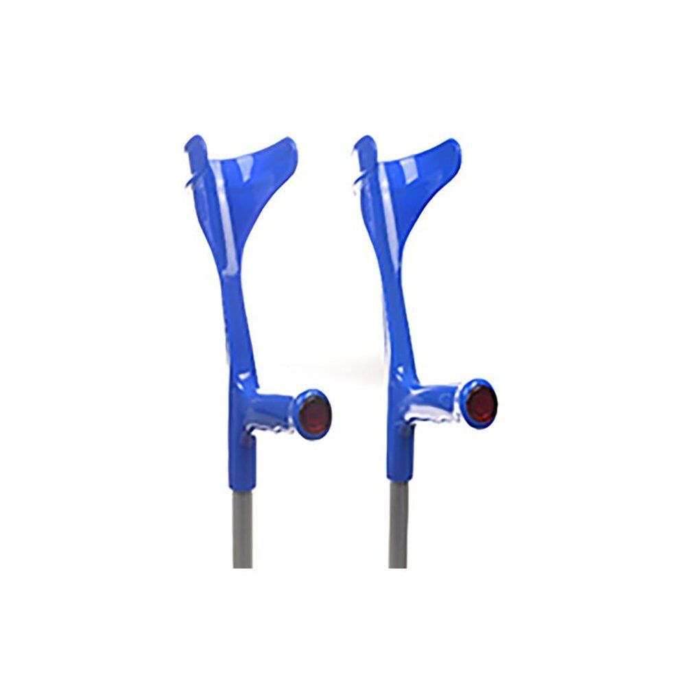 Deux béquilles bleues en aluminium. Elles ont un support pour les bras et une poignée. Le bas est gris.