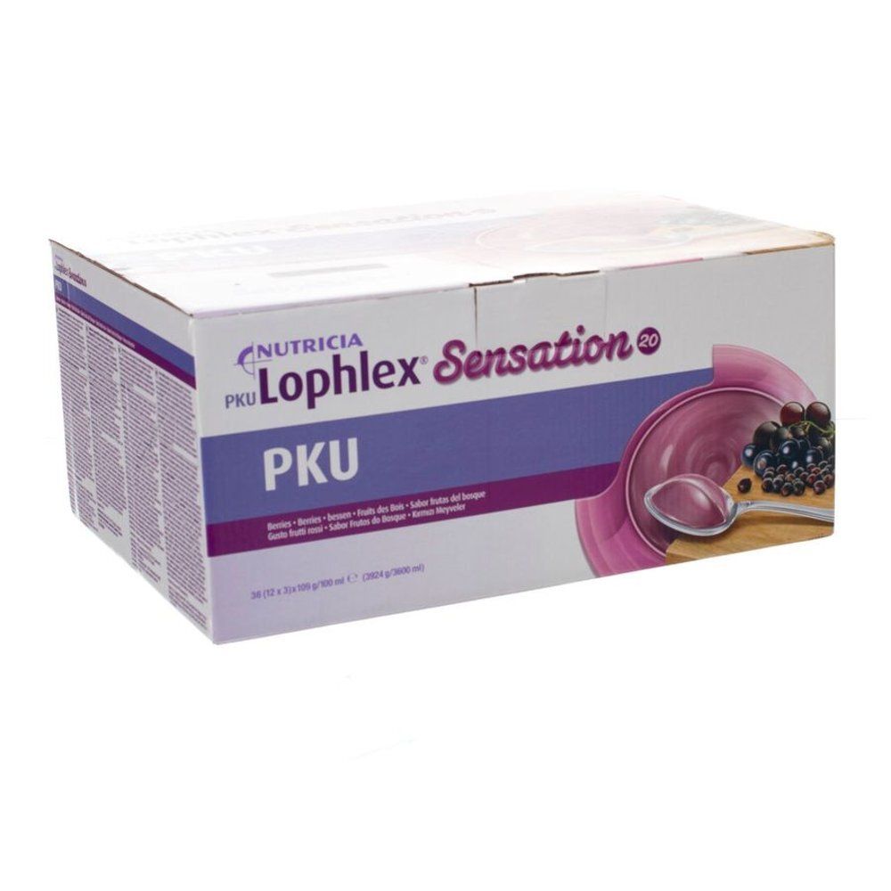 Kartonnen verpakking Lophlex Sensation 20. Illustratie van bessen en lepel. Merk Nutricia. Tekst PKU.