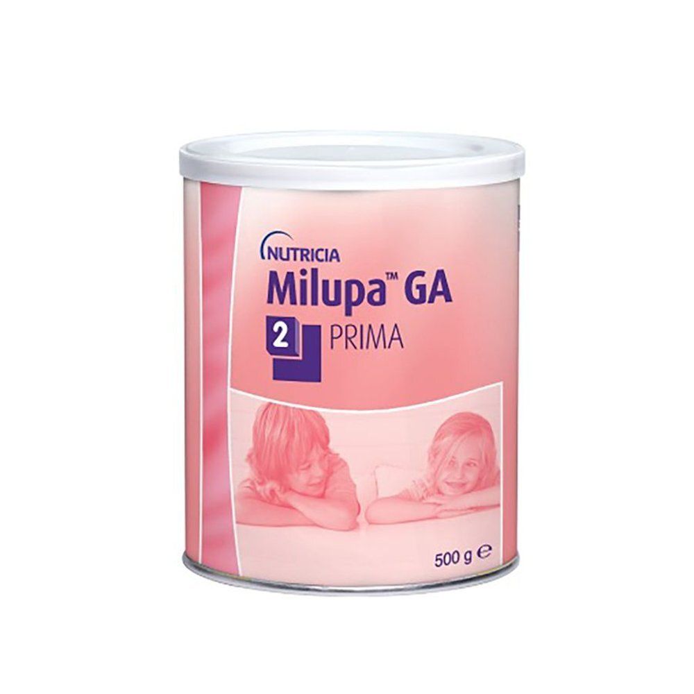 Boîte ronde avec couvercle. Inscription : Nutricia, Milupa GA 2 Prima. Image de deux enfants. Contenu : 500 g.