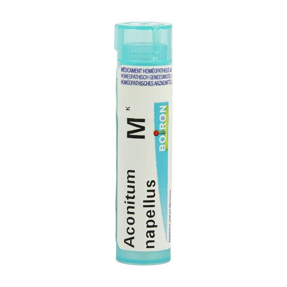 Tube cylindrique avec bouchon bleu. Inscription: Aconitum napellus, Boiron. Texte en allemand, français et néerlandais.