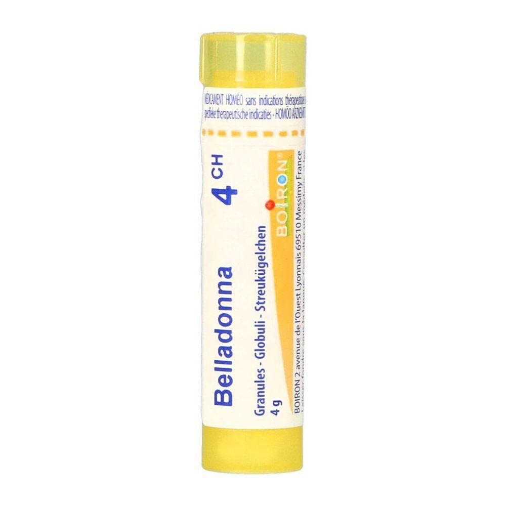 Flacon cylindrique jaune Boiron Belladonna 4CH. Étiquette blanche avec texte et logo.