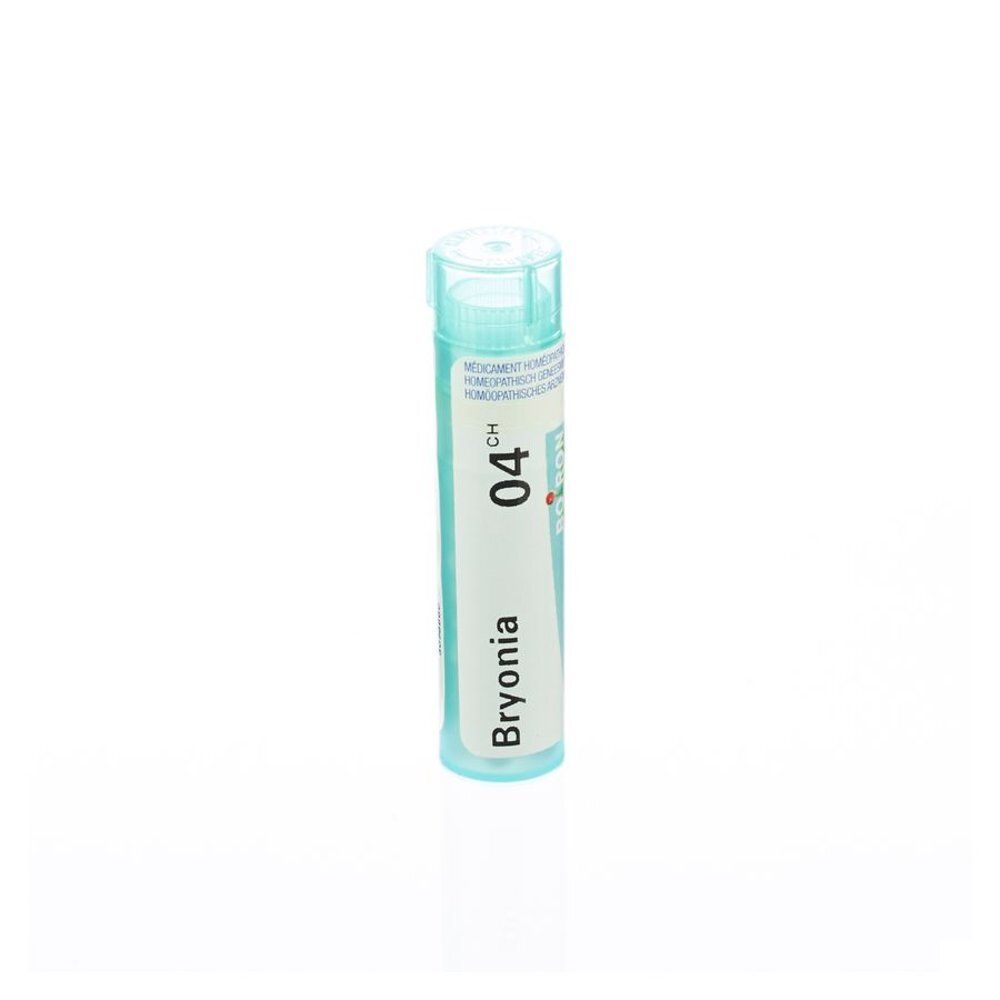 Tube cylindrique bleu avec étiquette blanche. Inscription: Bryonia 4CH.