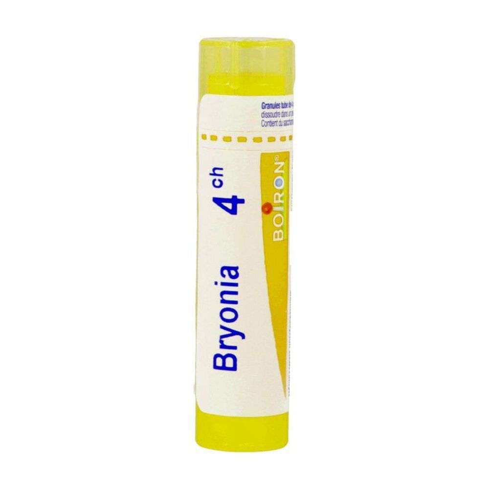 Tube cylindrique jaune avec étiquette blanche. Inscription: Bryonia 4 ch, BOIRON.