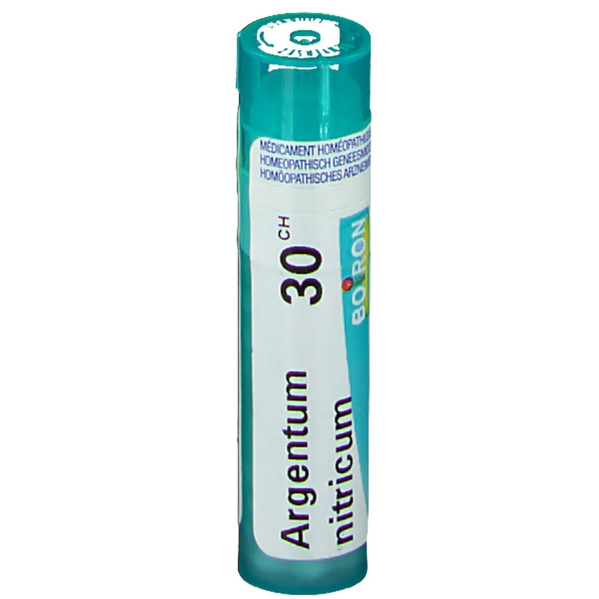 Tube cylindrique à bouchon vert. Inscription: Argentum nitricum 30 CH, Boiron.