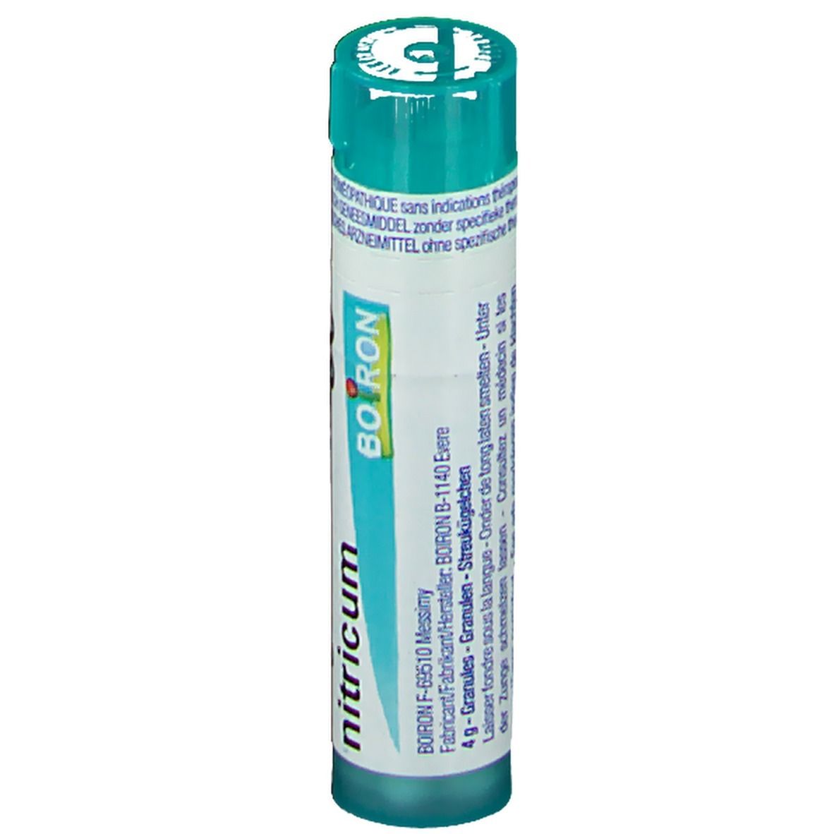 Tube cylindrique à bouchon vert. Inscription: Argentum nitricum, Boiron. Informations fabricant.