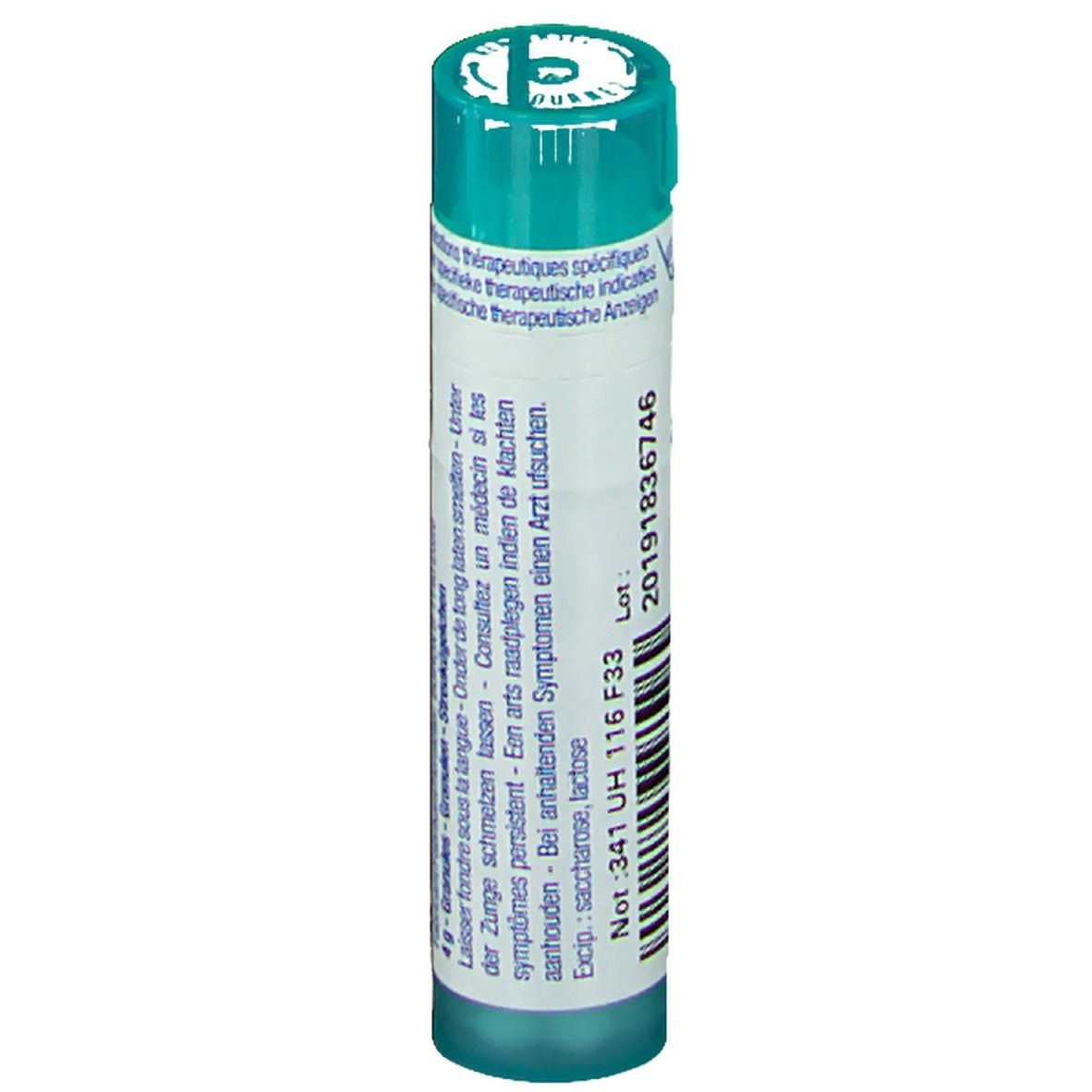 Tube cylindrique à bouchon vert. Inscription: Numéro de lot, date de péremption, ingrédients.