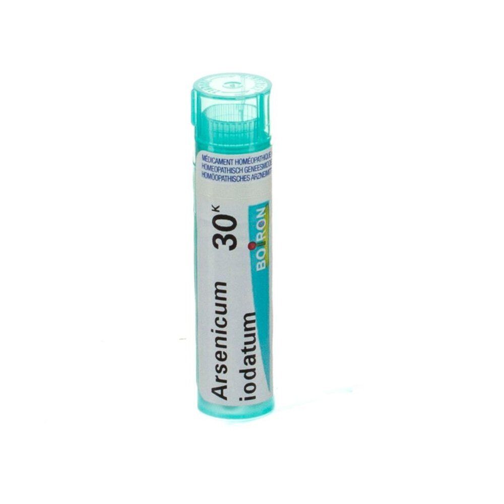 Médicament homéopathique. Flacon cylindrique à bouchon vert. Inscription: Arsenicum iodatum 30K, Boiron.