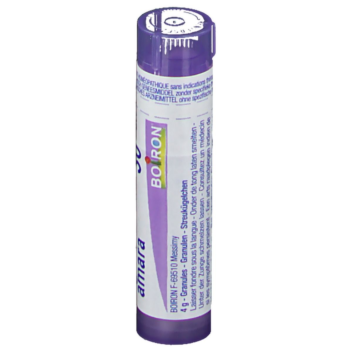 Flacon cylindrique avec étiquette blanche. Inscription: Boiron, amara, granules. Texte multilingue.