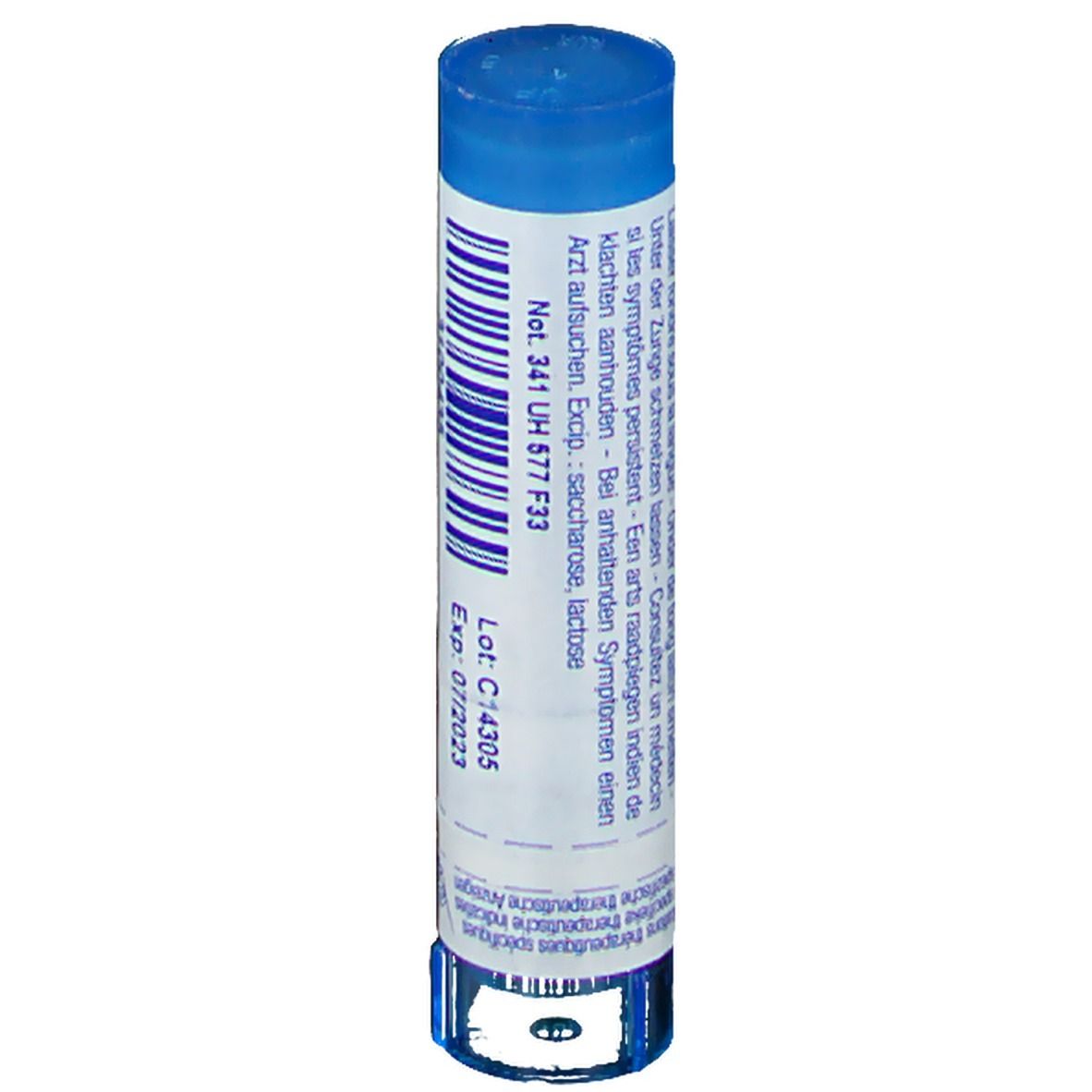 Tube cylindrique bleu et blanc. Texte : Consulter un médecin si les symptômes persistent. Expiration : 07/2023. Médicament homéopathique.