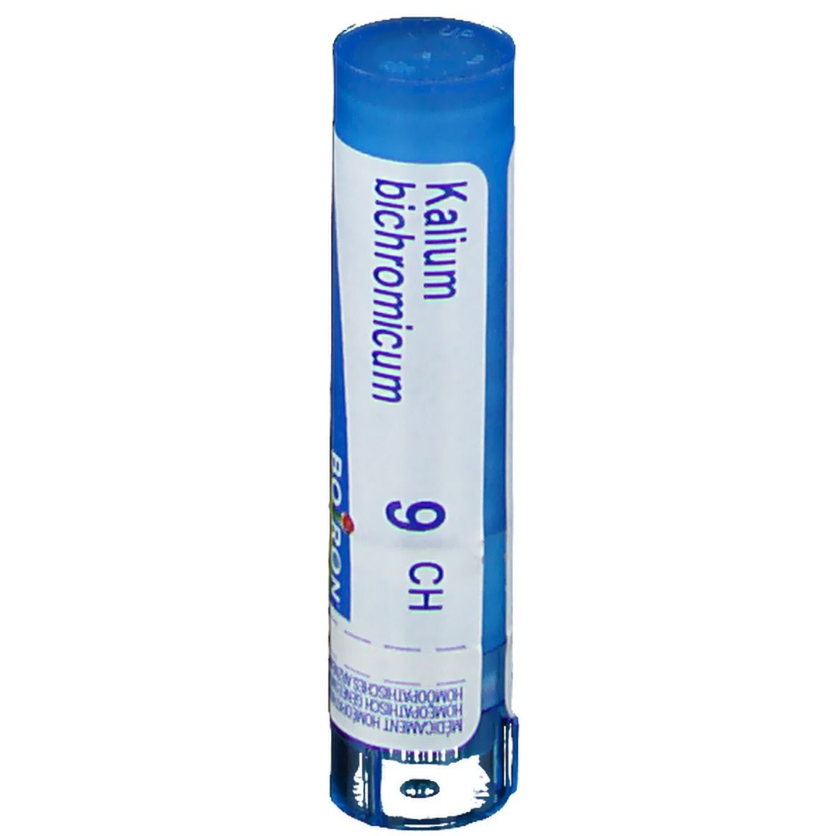 Tube cylindrique bleu et blanc. Inscription : Kalium bichromicum 9 CH, Boiron. Médicament homéopathique.