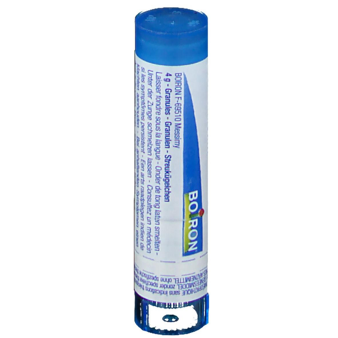Tube cylindrique bleu et blanc. Texte : Boiron F-69510 Messimy. Médicament homéopathique. Granules.
