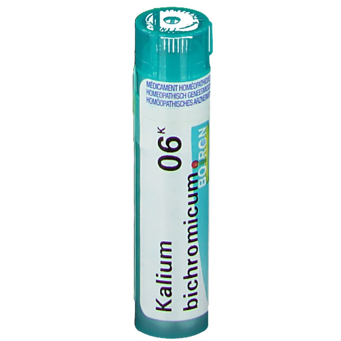 Tube cylindrique, bouchon bleu-vert. Inscription: Kalium bichromicum 6K, Boiron.