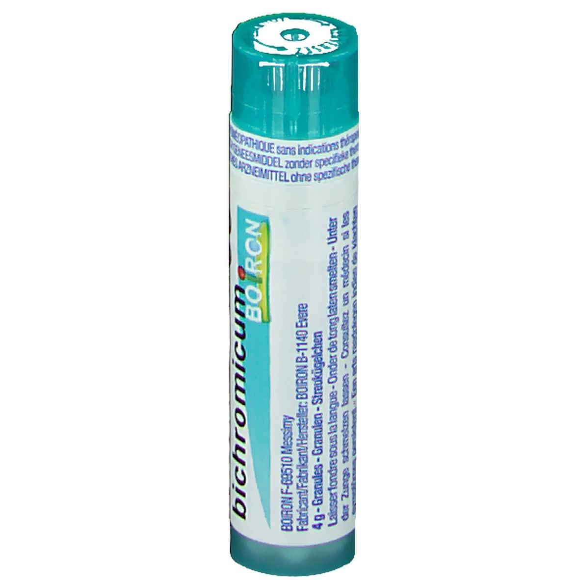 Tube cylindrique, bouchon bleu-vert. Inscription: bichromicum, Boiron. Informations.