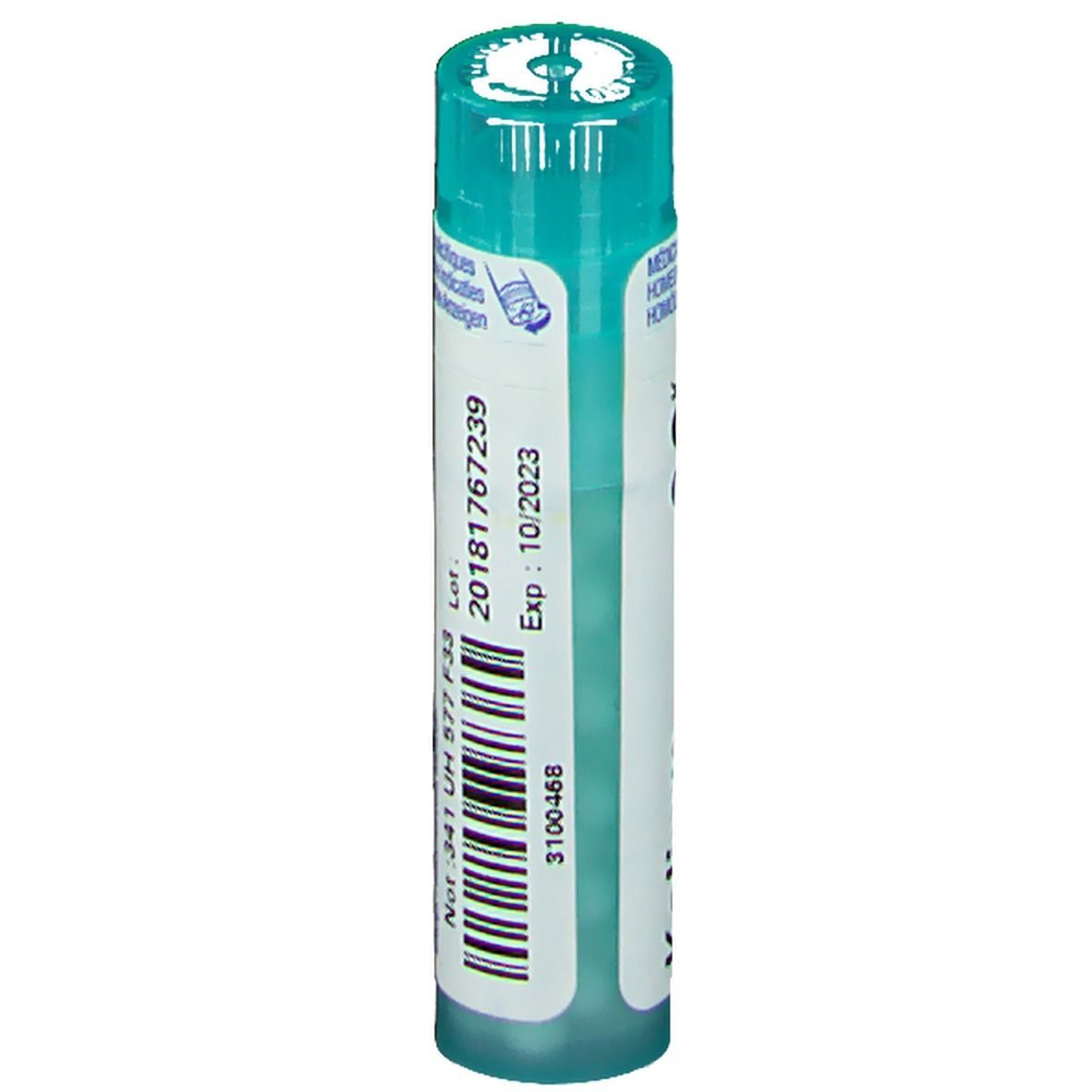 Tube cylindrique, bouchon bleu-vert. Inscription: Numéro de lot et date de péremption.