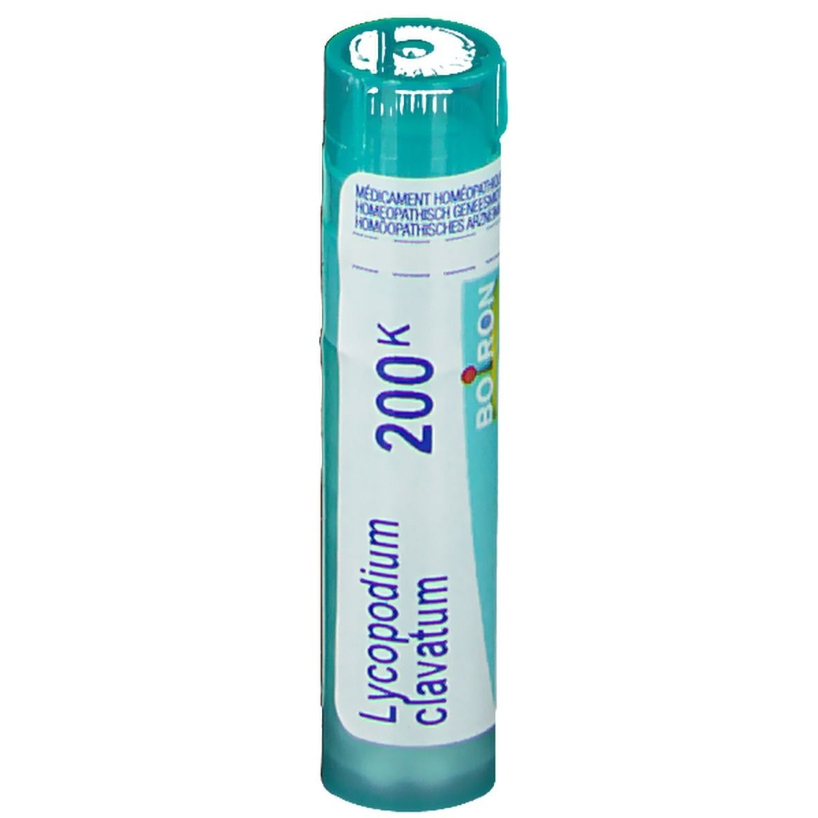 Cilindervormige verpakking. Opschrift: Lycopodium clavatum 200K, Boiron. Turkooiskleurige dop en bodem.