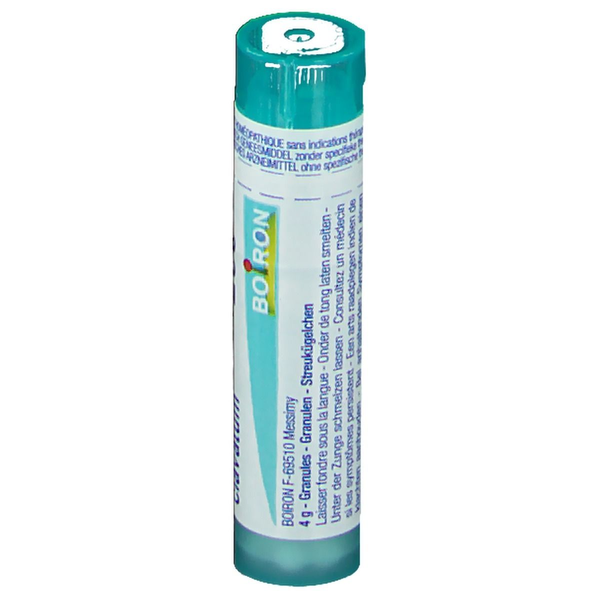 Cilindervormige verpakking. Opschrift: Boiron, Granules. Turkooiskleurige dop en bodem. Meertalige tekst.