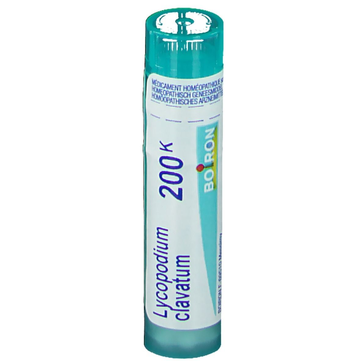 Cilindervormige verpakking. Opschrift: Lycopodium clavatum 200K, Boiron. Turkooiskleurige dop en bodem.