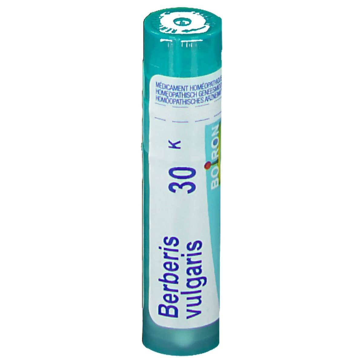 Tube cylindrique vert. Inscription: Berberis vulgaris 30 K, Boiron.