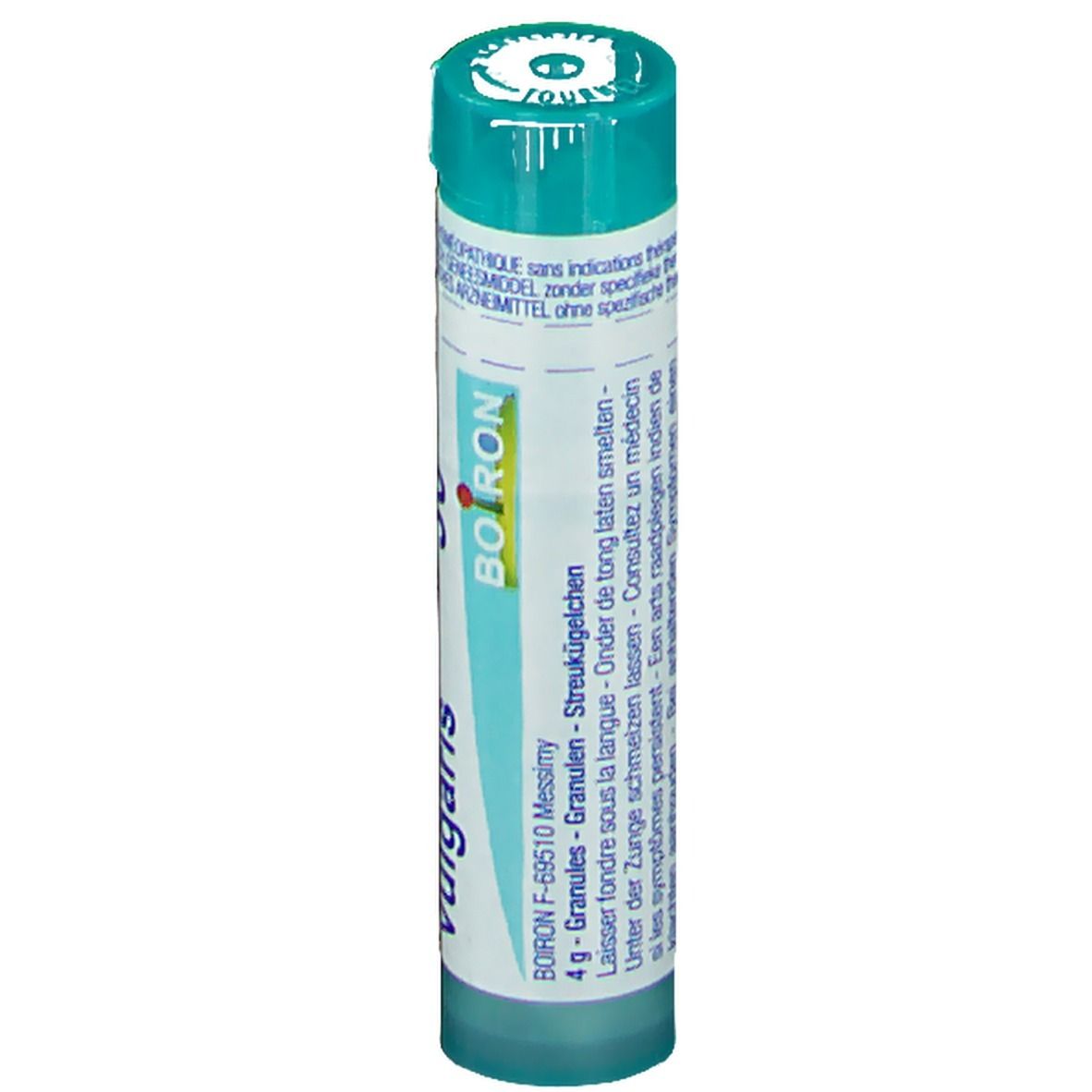 Tube cylindrique vert. Inscription: Berberis vulgaris, 4 g, Boiron.