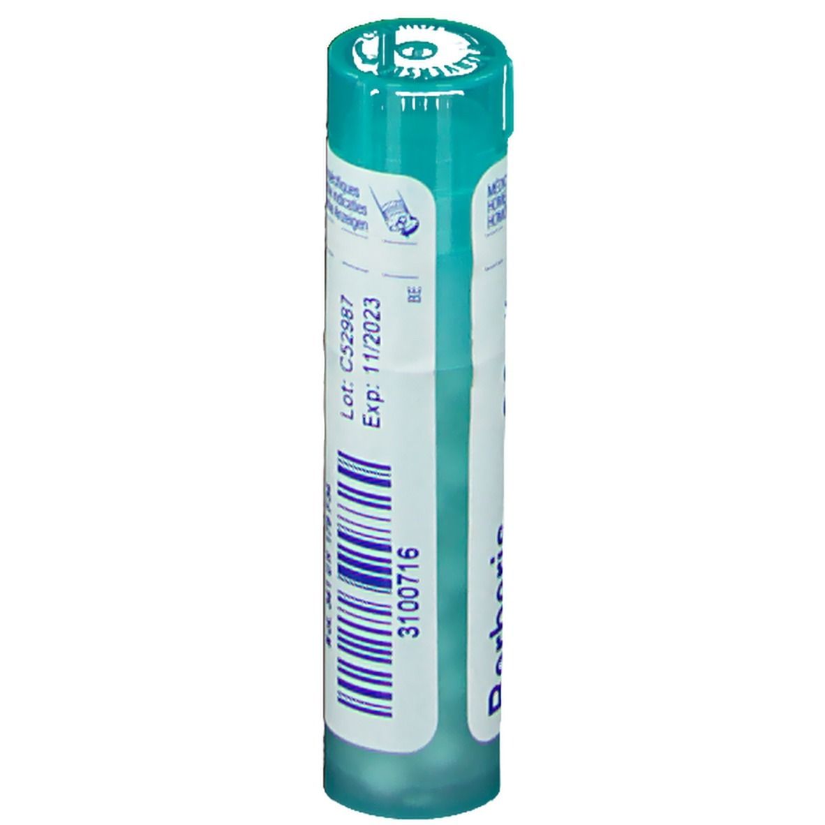 Tube cylindrique vert. Inscription: C52987, Exp: 11/2023, 3100716.