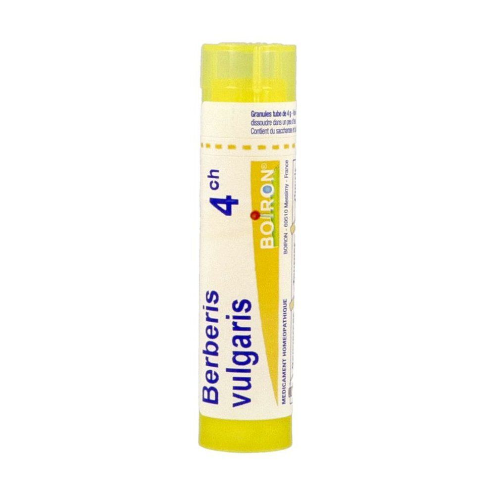 Gele tube met wit etiket. Opschrift: Berberis vulgaris, 4 ch, en logo.