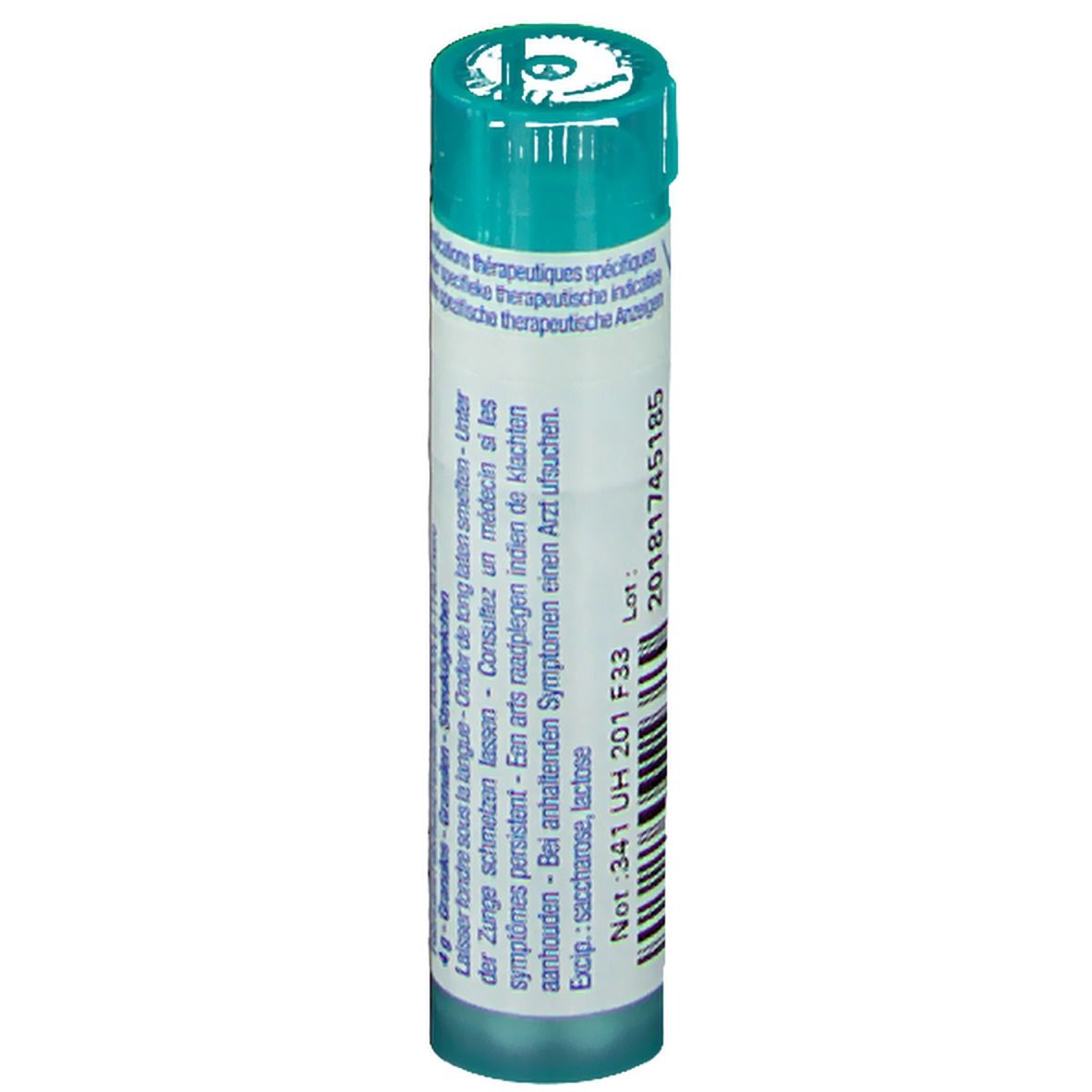 Cilindrische, turquoise verpakking. Opschrift: 4g korrels. Lotnummer en vervaldatum. Homeopathisch geneesmiddel.