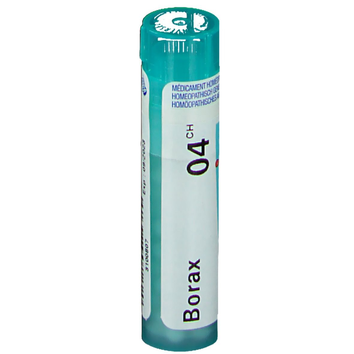 Cilindrische, turquoise verpakking. Opschrift: Borax 04 CH. Merk: Boiron. Vervaldatum. Homeopathisch geneesmiddel.