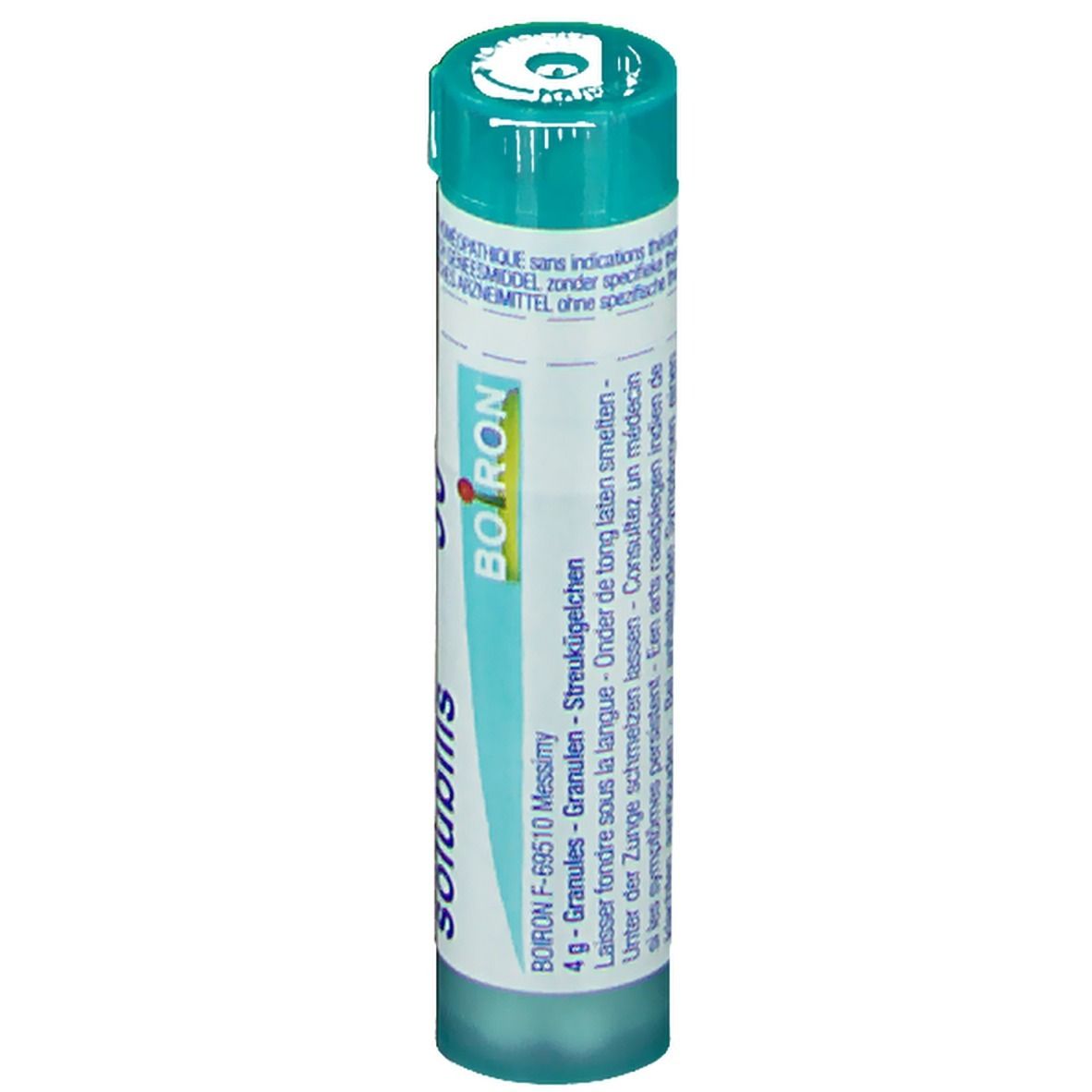 Tube cylindrique avec logo Boiron et inscription Granules. Contient 4 g de granules.