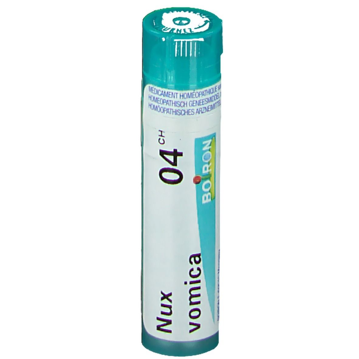 Tube cylindrique à bouchon vert. Inscription: Nux vomica 4CH, Boiron. Étiquette blanche avec graphique bleu.