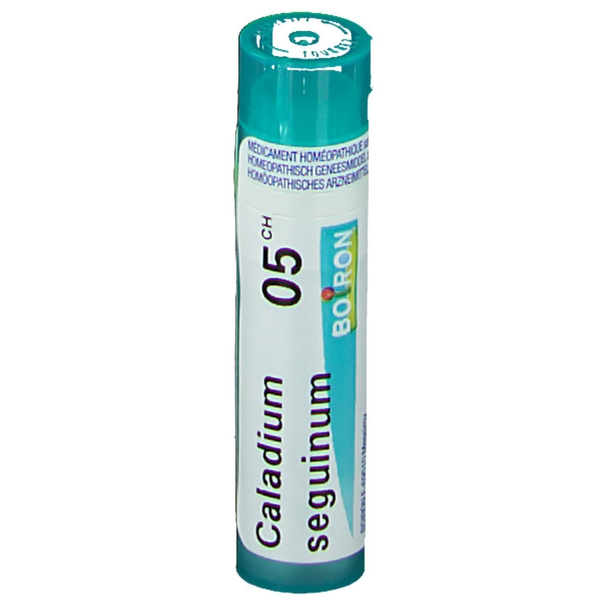 Tube cylindrique vert. Inscription: Caladium seguinum 05 CH, Boiron.