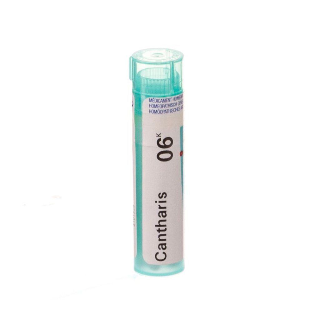 Cilindrische, turquoise fles met wit etiket. Opschrift: Cantharis 06K. Homeopathisch geneesmiddel.