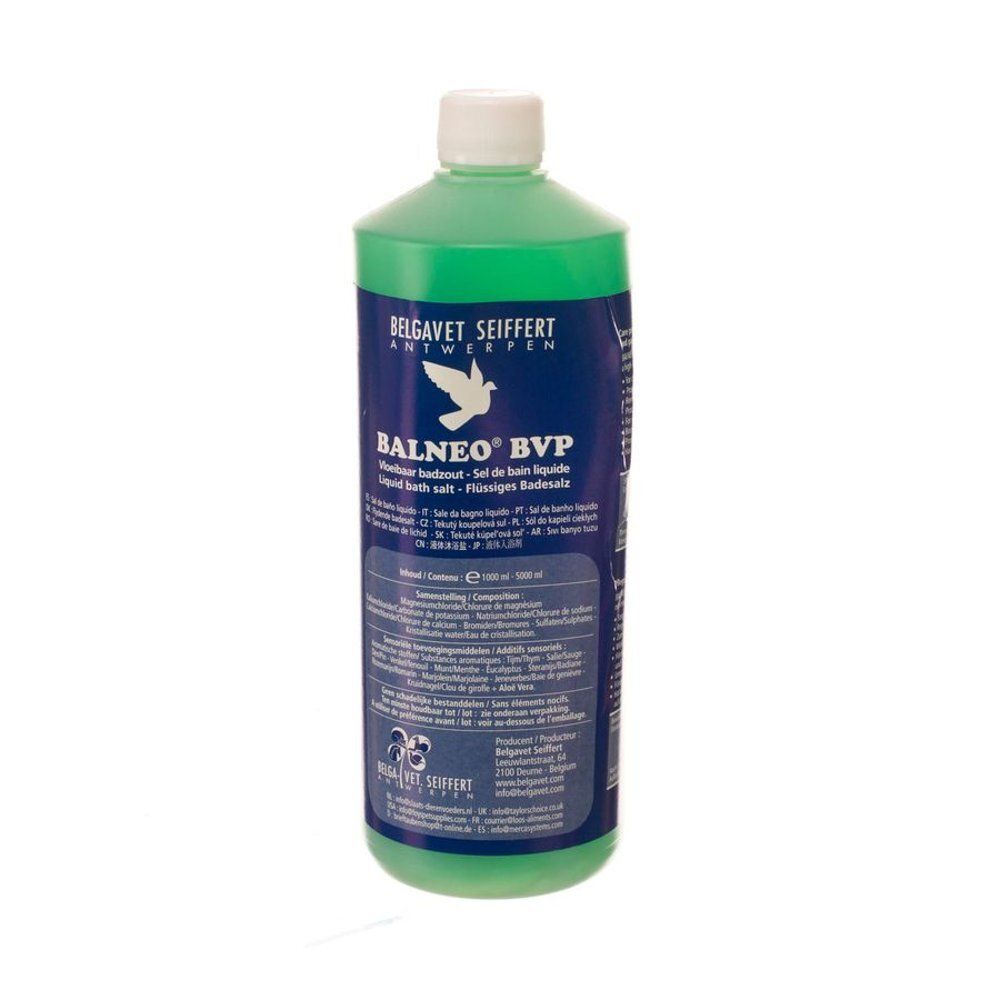 Groene fles met witte dop. Opschrift: BALNEO BVP, Belgavet Seiffert. Productlabel met tekst.