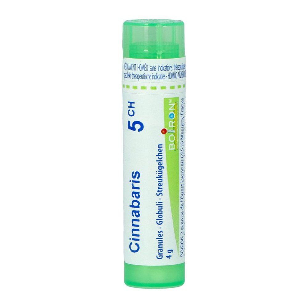 Tube cylindrique vert. Inscription: Cinnabaris, 5 CH, Boiron, 4 g. Granules.