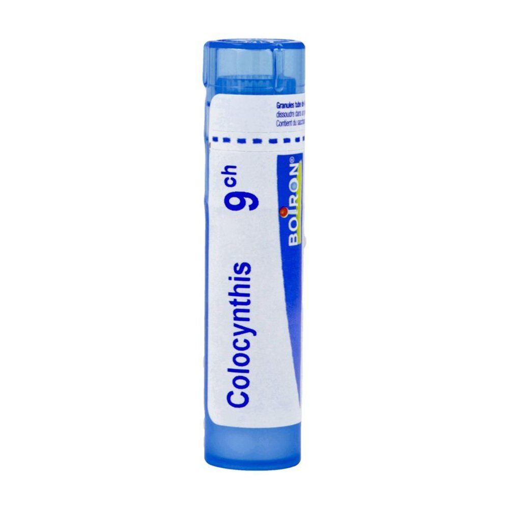 Homeopathisch middel Colocynthis 9 CH van Boiron. Witte tube met blauwe dop. Opschrift en logo.