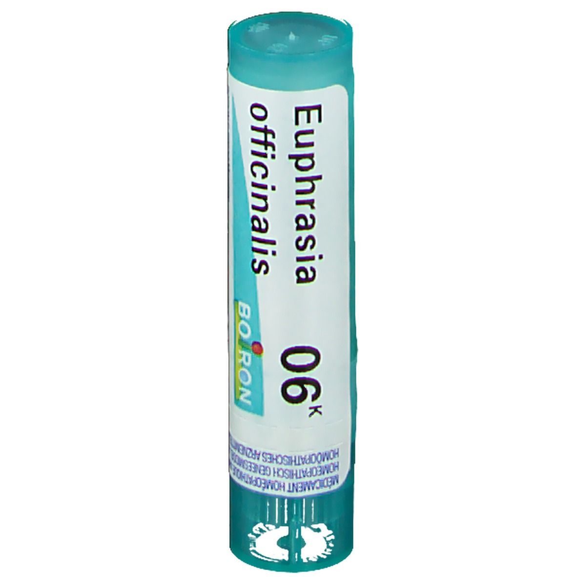 Cilindrische verpakking met blauwe dop. Opschrift: Euphrasia officinalis, 06 K, Boiron.