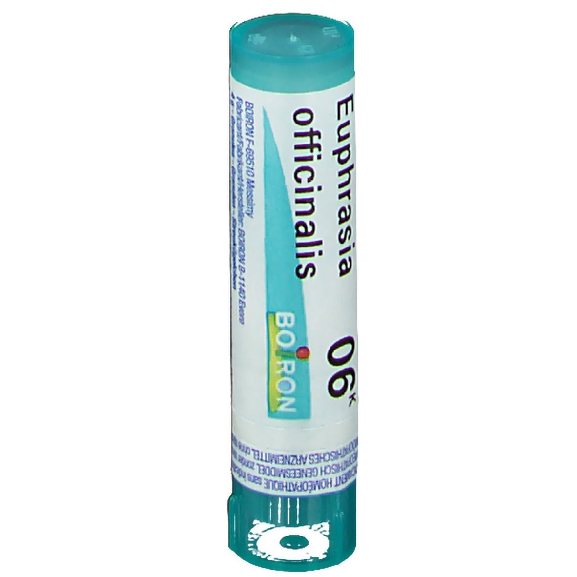 Cilindrische verpakking met blauwe dop. Opschrift: Euphrasia officinalis, 06 K, Boiron.