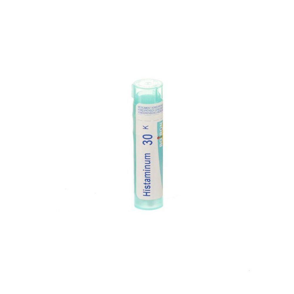 Tube cylindrique vert clair avec étiquette blanche. Inscription : Histaminum 30 K.