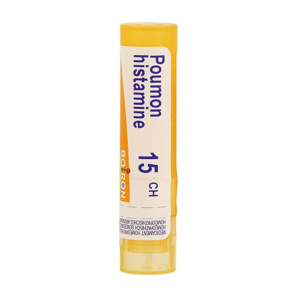 Gele tube met wit etiket. Opschrift: Poumon histamine 15 CH. Merk Boiron.