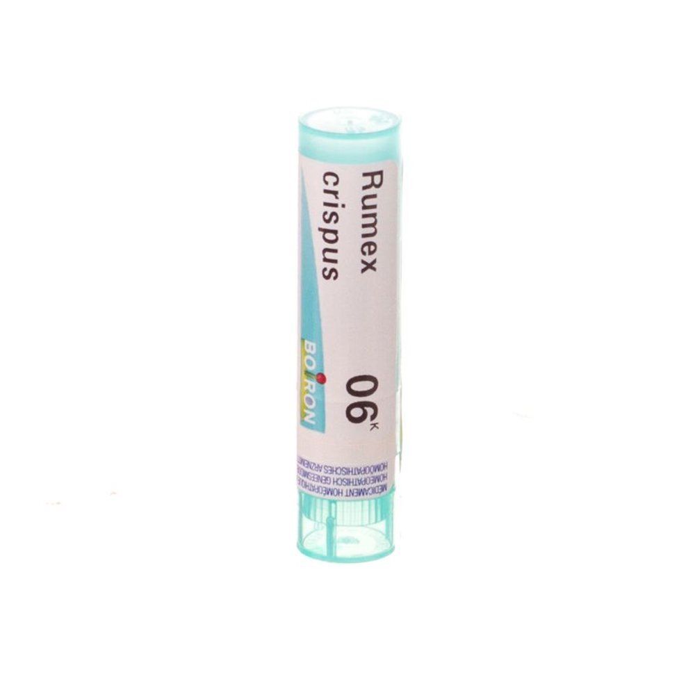 Tube cylindrique avec inscription Rumex Crispus 06K et logo Boiron. Bouchon et base turquoise.