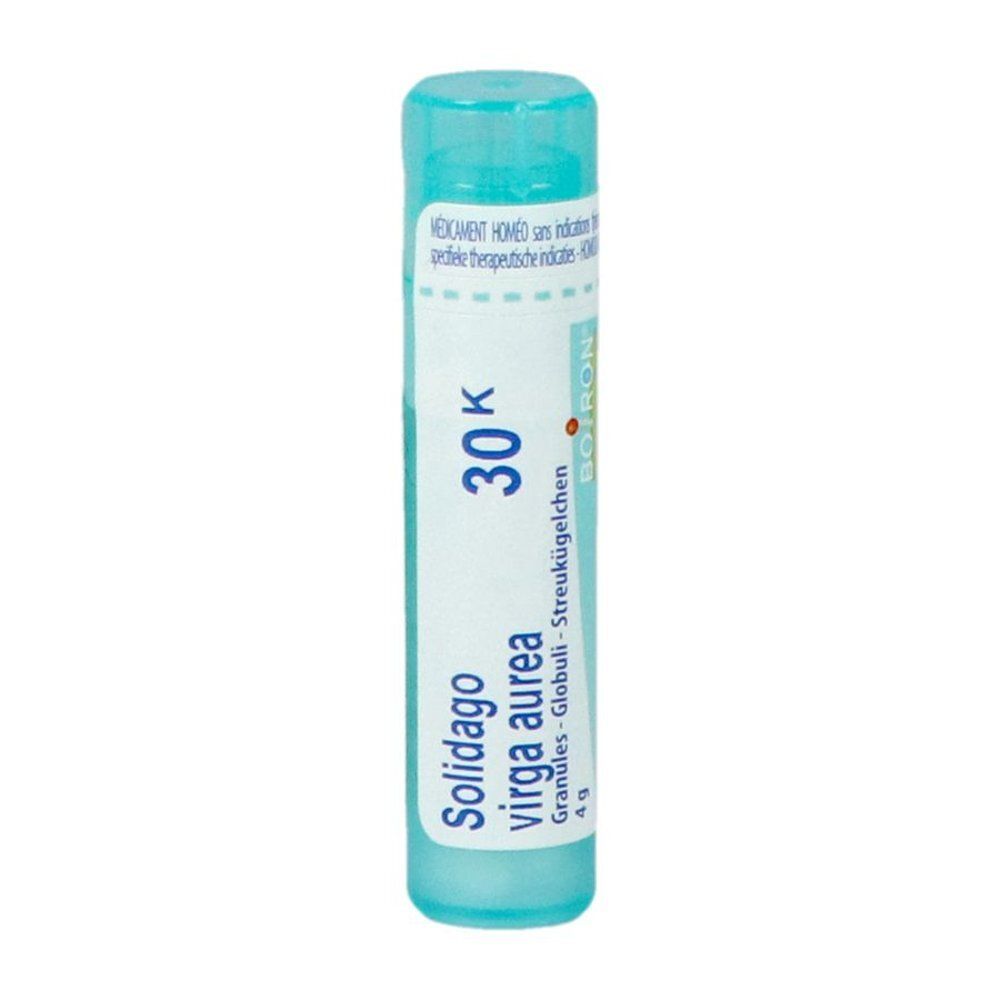 Flacon cylindrique avec étiquette blanche. Inscription: Solidago virga aurea 30K. Marque Boiron. Bouchon turquoise.