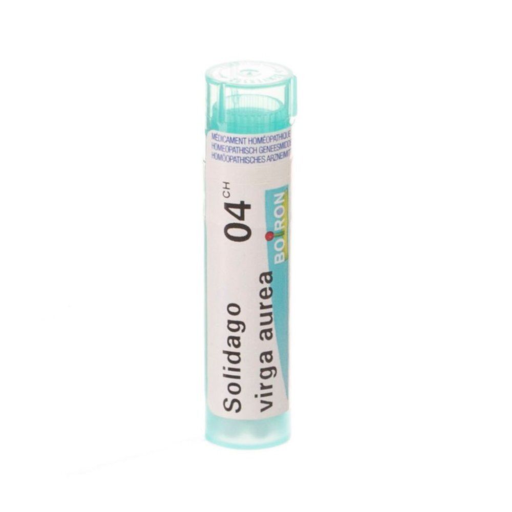 Flacon cylindrique avec bouchon vert. Inscription: Solidago virga aurea 04 CH, Boiron.