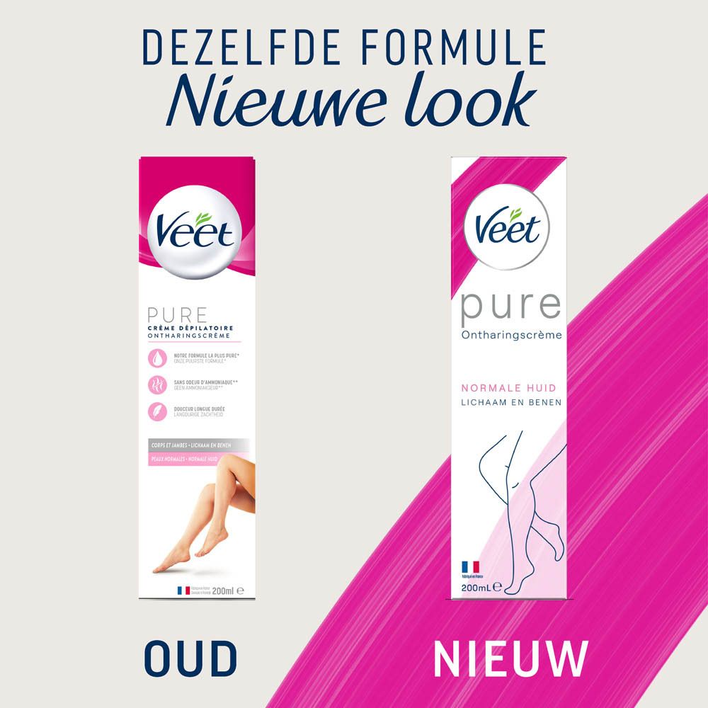 Veet Pure ontharingscrème. Illustraties en tekst. 200ml. Roze-wit.