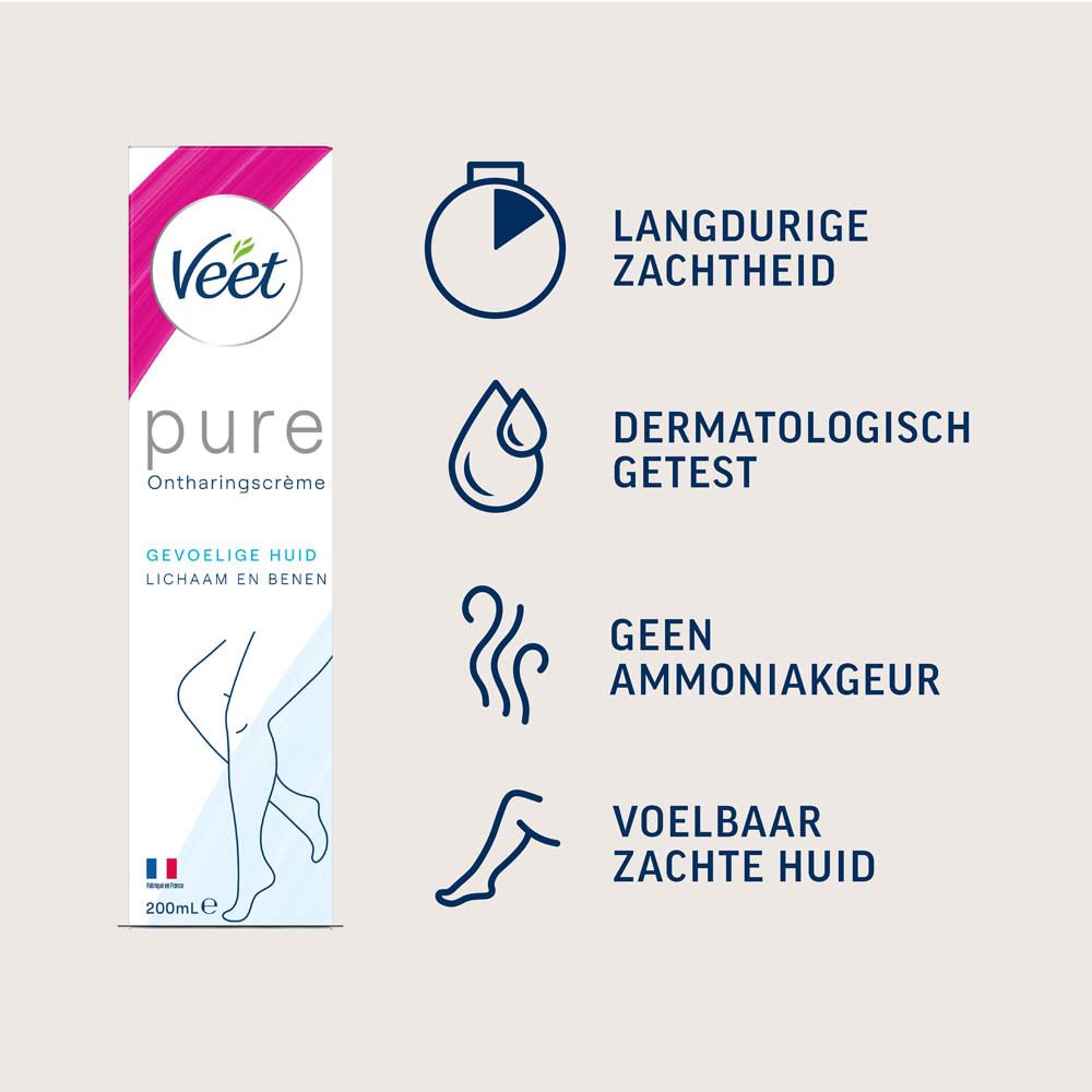 Veet pure ontharingscrème. Kenmerken: langdurige zachtheid, dermatologisch getest, geen ammoniakgeur.