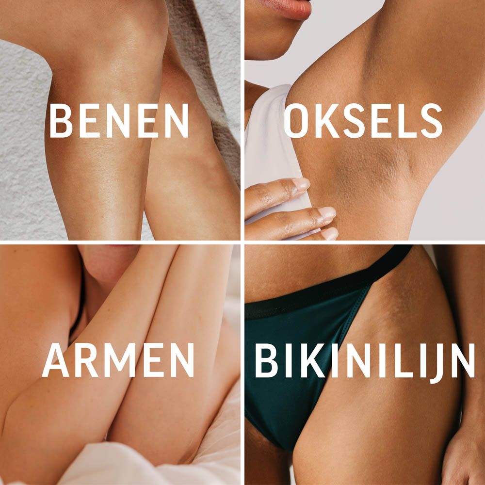 Illustraties: ontharingsgebieden: benen, oksels, armen, bikinilijn. Tekst: gebieden.