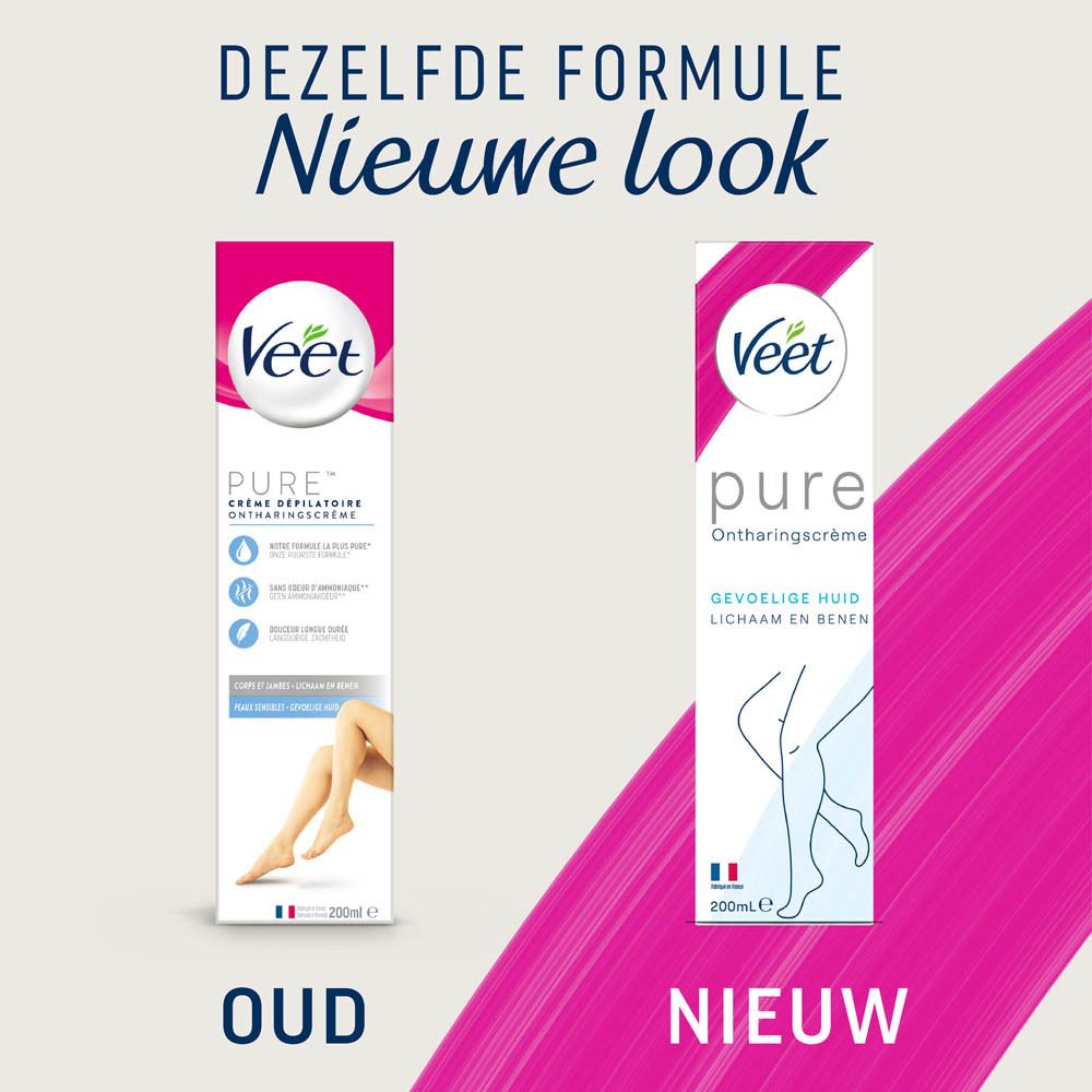 Vergelijking: oude en nieuwe verpakking van Veet pure ontharingscrème. Beide tubes afgebeeld.