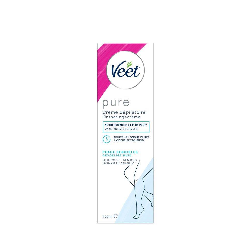 Veet Pure ontharingscrème, witte verpakking met roze accenten. Bevat 100ml. Afbeelding van benen.
